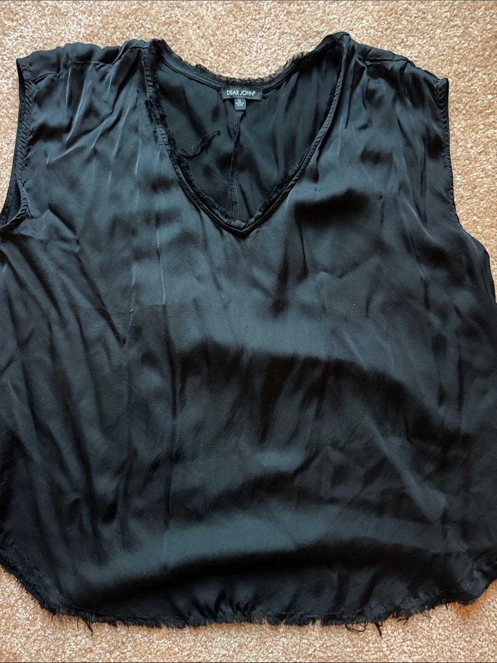 Dear John cute satin black drop shoulder tank, raw hem w/trim on the V-neck. XL